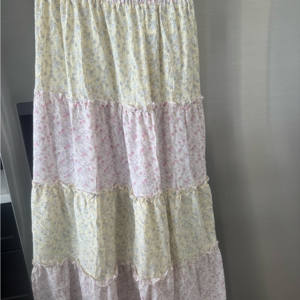 Tiered Floral Maxi Skirt in Pale Yellow and Light Pink